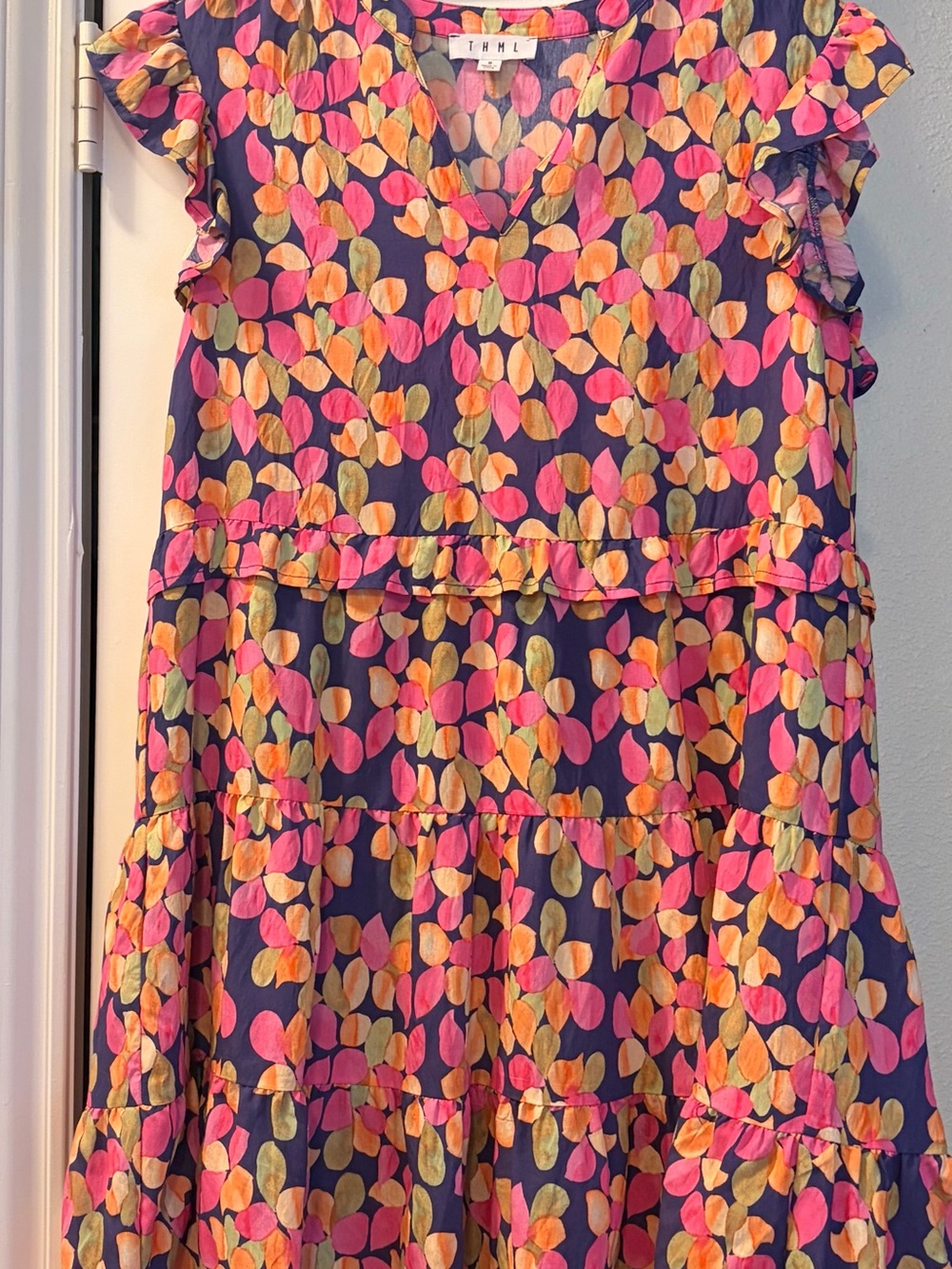 THML Pink and Navy Floral V-Neck Tiered Dress
